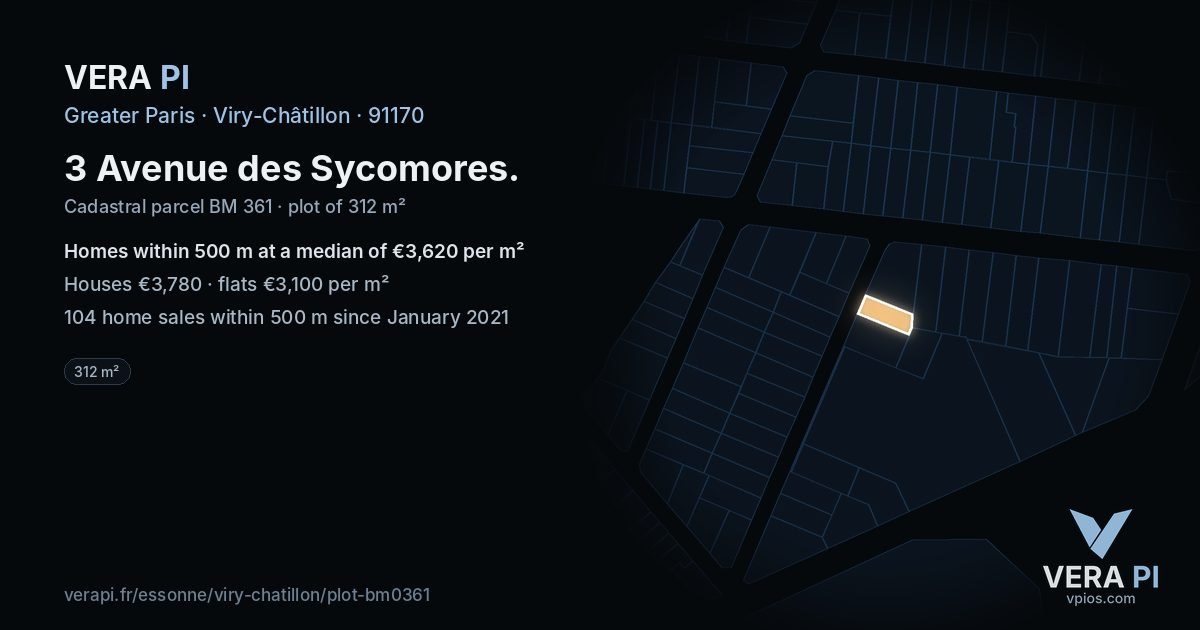 3 Avenue des Sycomores, Viry-Châtillon at night – the plot lit, the parcels around coloured by the prices near them