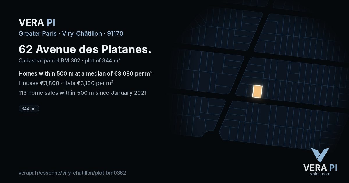 62 Avenue des Platanes, Viry-Châtillon at night – the plot lit, the parcels around coloured by the prices near them