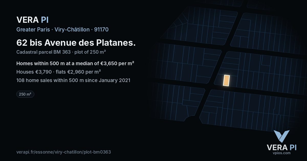 62 bis Avenue des Platanes, Viry-Châtillon at night – the plot lit, the parcels around coloured by the prices near them