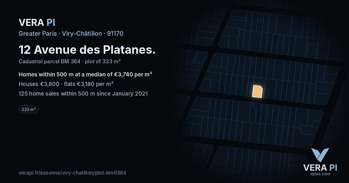 12 Avenue des Platanes, Viry-Châtillon at night – the plot lit, the parcels around coloured by the prices near them