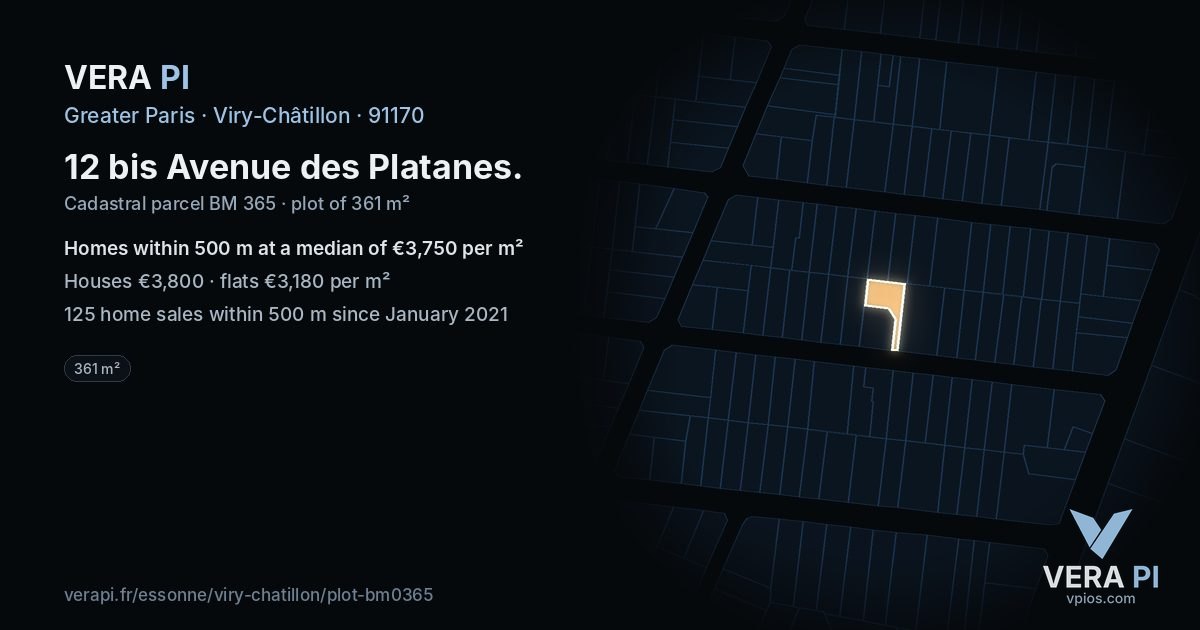 12 bis Avenue des Platanes, Viry-Châtillon at night – the plot lit, the parcels around coloured by the prices near them