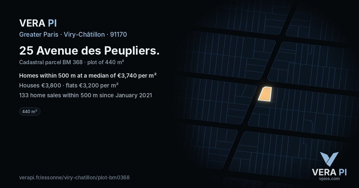 25 Avenue des Peupliers, Viry-Châtillon at night – the plot lit, the parcels around coloured by the prices near them