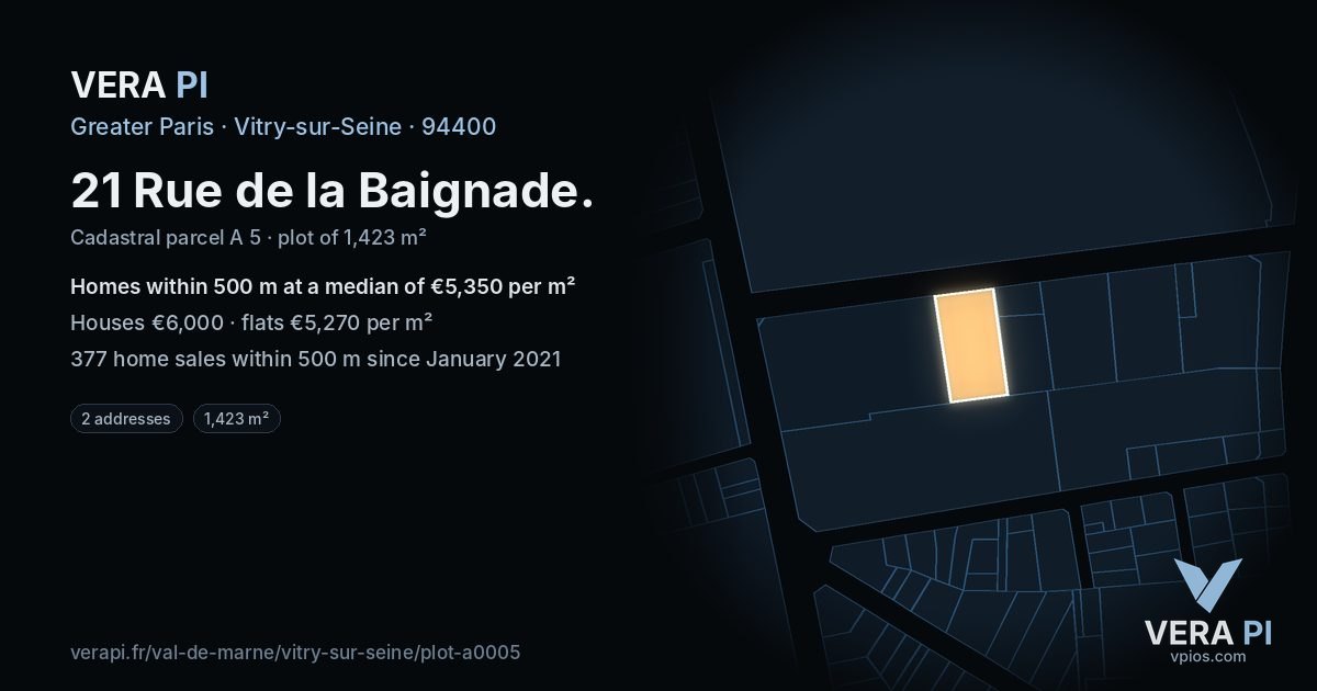 21 Rue de la Baignade, Vitry-sur-Seine at night – the plot lit, the parcels around coloured by the prices near them
