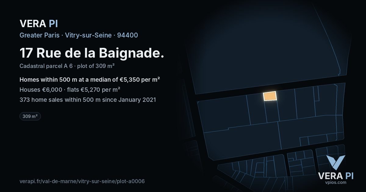 17 Rue de la Baignade, Vitry-sur-Seine at night – the plot lit, the parcels around coloured by the prices near them