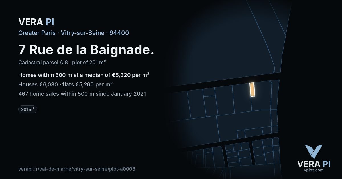 7 Rue de la Baignade, Vitry-sur-Seine at night – the plot lit, the parcels around coloured by the prices near them