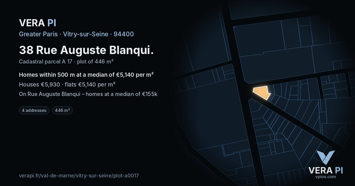 38 Rue Auguste Blanqui, Vitry-sur-Seine at night – the plot lit, the parcels around coloured by the prices near them