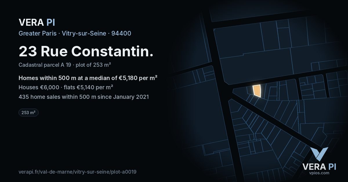 23 Rue Constantin, Vitry-sur-Seine at night – the plot lit, the parcels around coloured by the prices near them