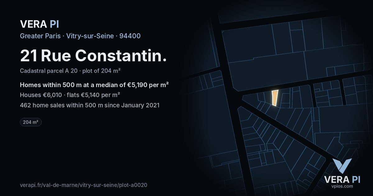 21 Rue Constantin, Vitry-sur-Seine at night – the plot lit, the parcels around coloured by the prices near them