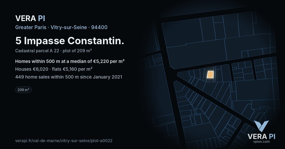 5 Impasse Constantin, Vitry-sur-Seine at night – the plot lit, the parcels around coloured by the prices near them