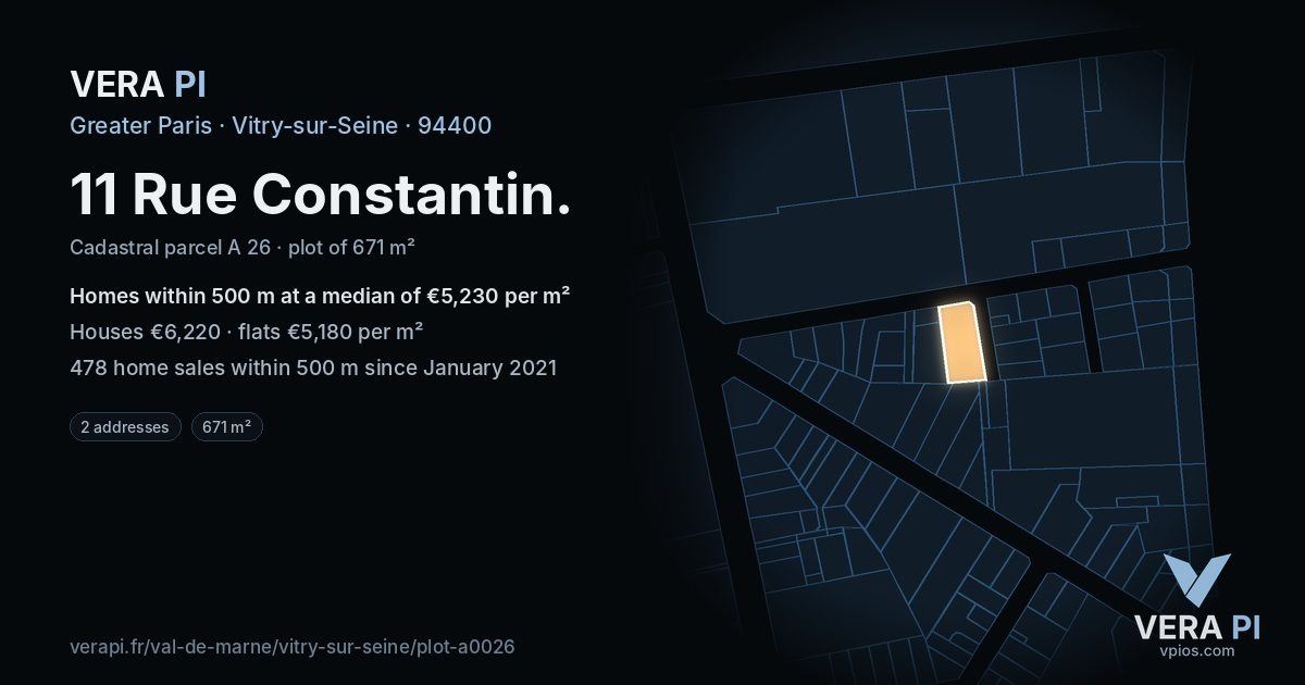 11 Rue Constantin, Vitry-sur-Seine at night – the plot lit, the parcels around coloured by the prices near them