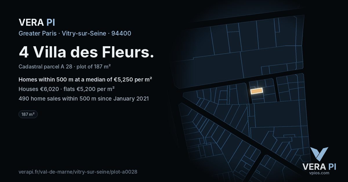 4 Villa des Fleurs, Vitry-sur-Seine at night – the plot lit, the parcels around coloured by the prices near them