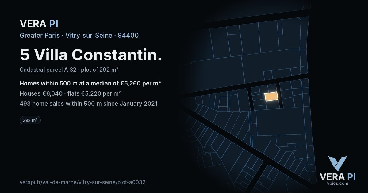 5 Villa Constantin, Vitry-sur-Seine at night – the plot lit, the parcels around coloured by the prices near them