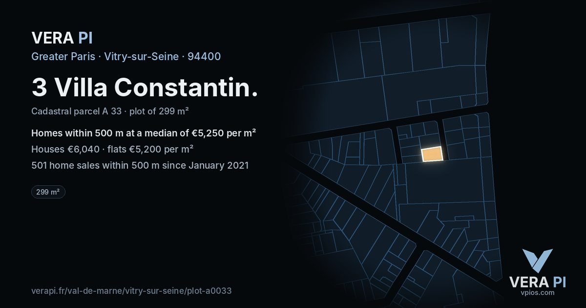 3 Villa Constantin, Vitry-sur-Seine at night – the plot lit, the parcels around coloured by the prices near them
