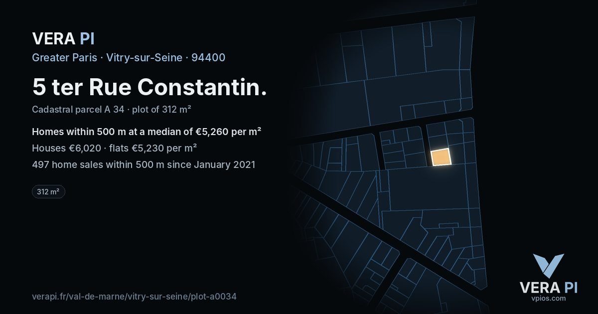 5 ter Rue Constantin, Vitry-sur-Seine at night – the plot lit, the parcels around coloured by the prices near them