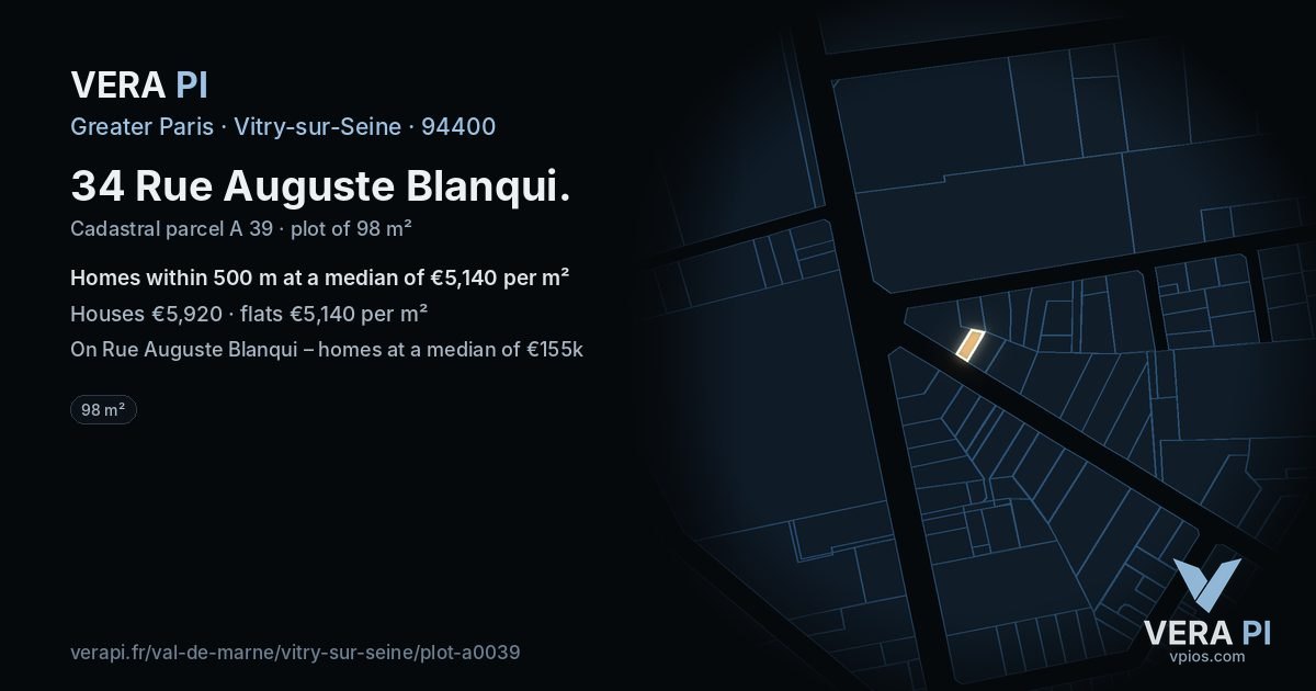 34 Rue Auguste Blanqui, Vitry-sur-Seine at night – the plot lit, the parcels around coloured by the prices near them