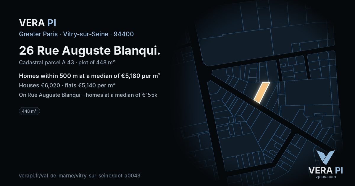 26 Rue Auguste Blanqui, Vitry-sur-Seine at night – the plot lit, the parcels around coloured by the prices near them