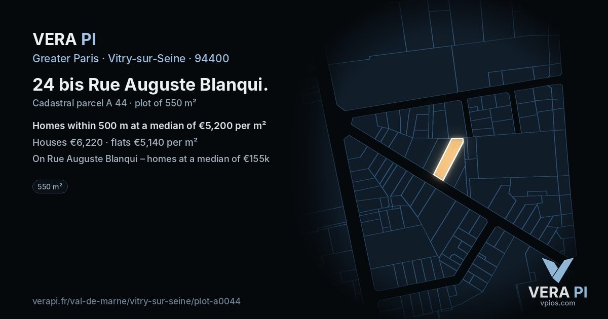 24 bis Rue Auguste Blanqui, Vitry-sur-Seine at night – the plot lit, the parcels around coloured by the prices near them