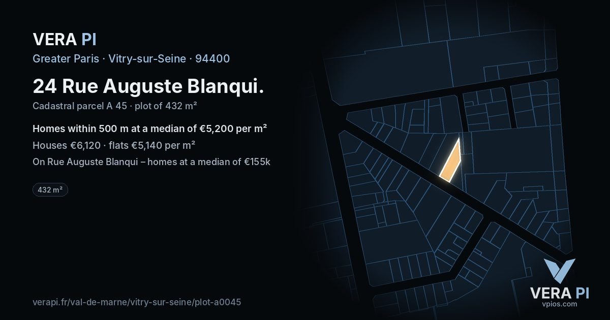 24 Rue Auguste Blanqui, Vitry-sur-Seine at night – the plot lit, the parcels around coloured by the prices near them