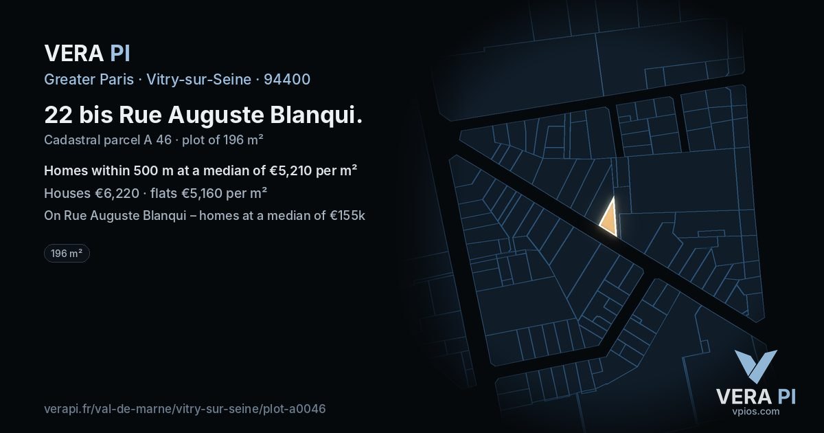 22 bis Rue Auguste Blanqui, Vitry-sur-Seine at night – the plot lit, the parcels around coloured by the prices near them