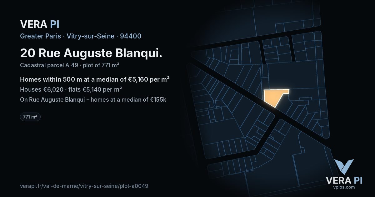 20 Rue Auguste Blanqui, Vitry-sur-Seine at night – the plot lit, the parcels around coloured by the prices near them