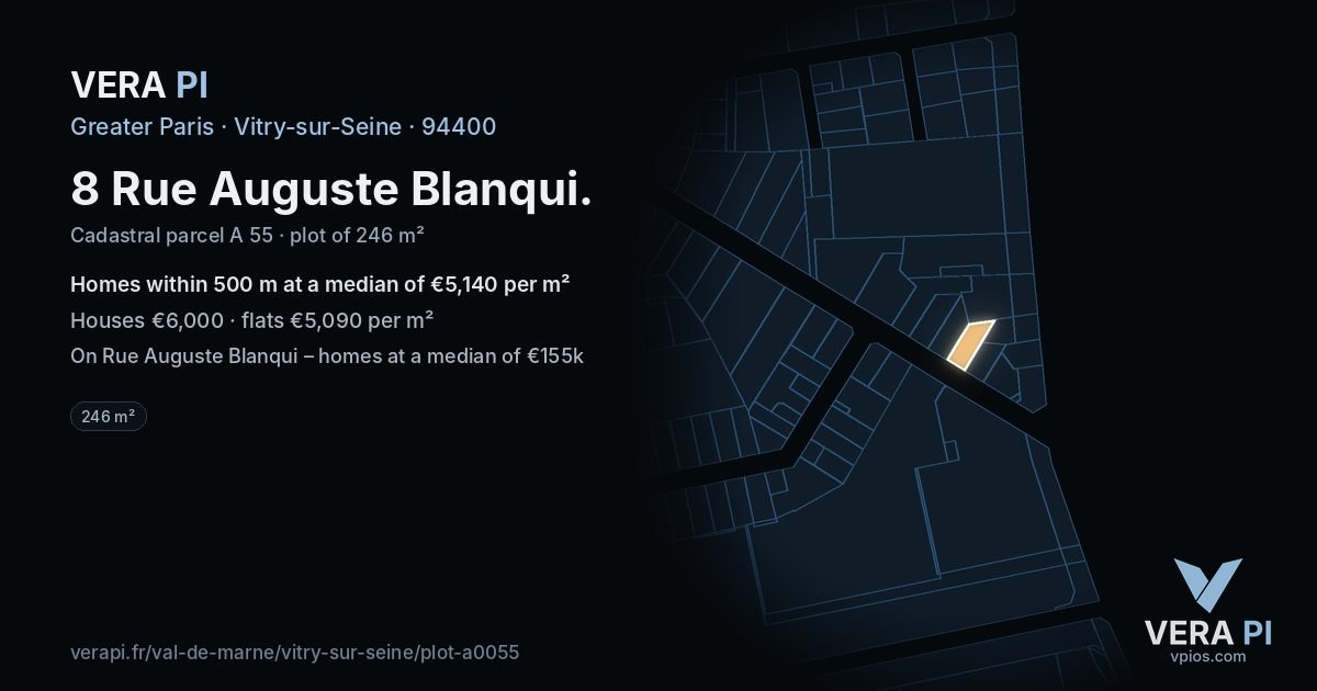 8 Rue Auguste Blanqui, Vitry-sur-Seine at night – the plot lit, the parcels around coloured by the prices near them