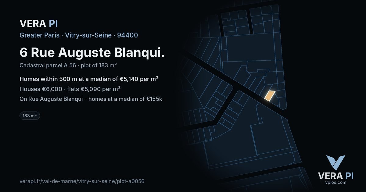 6 Rue Auguste Blanqui, Vitry-sur-Seine at night – the plot lit, the parcels around coloured by the prices near them