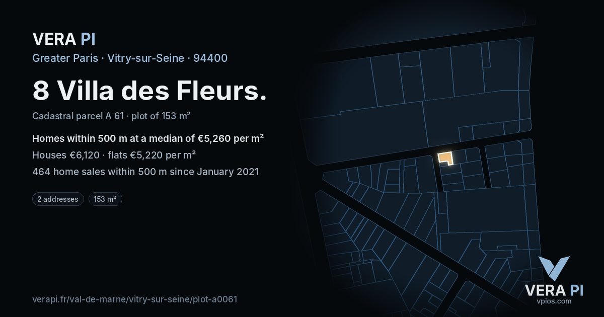 8 Villa des Fleurs, Vitry-sur-Seine at night – the plot lit, the parcels around coloured by the prices near them