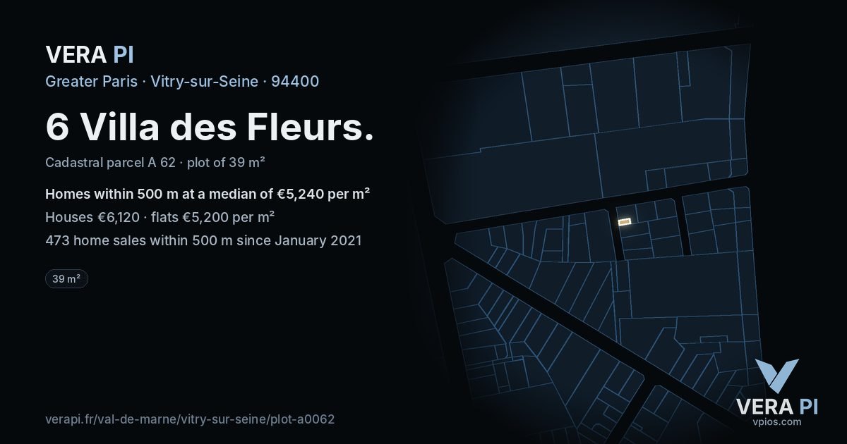 6 Villa des Fleurs, Vitry-sur-Seine at night – the plot lit, the parcels around coloured by the prices near them