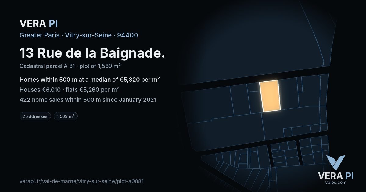 13 Rue de la Baignade, Vitry-sur-Seine at night – the plot lit, the parcels around coloured by the prices near them
