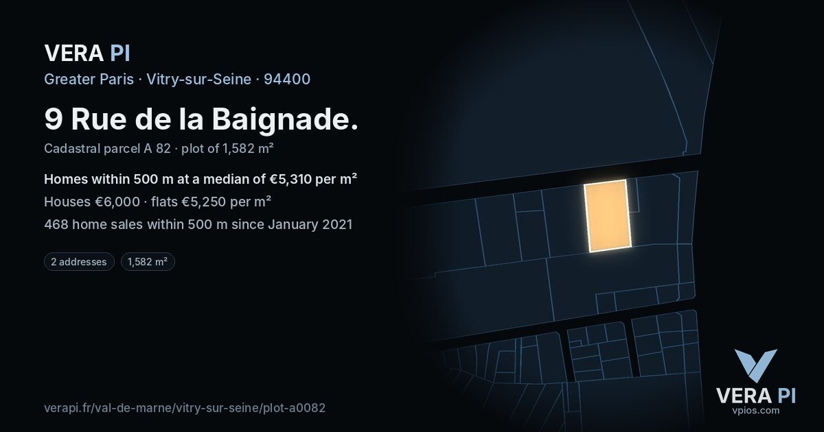 9 Rue de la Baignade, Vitry-sur-Seine at night – the plot lit, the parcels around coloured by the prices near them
