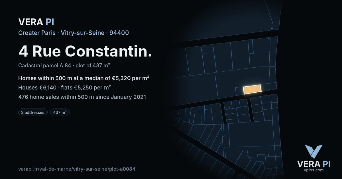4 Rue Constantin, Vitry-sur-Seine at night – the plot lit, the parcels around coloured by the prices near them