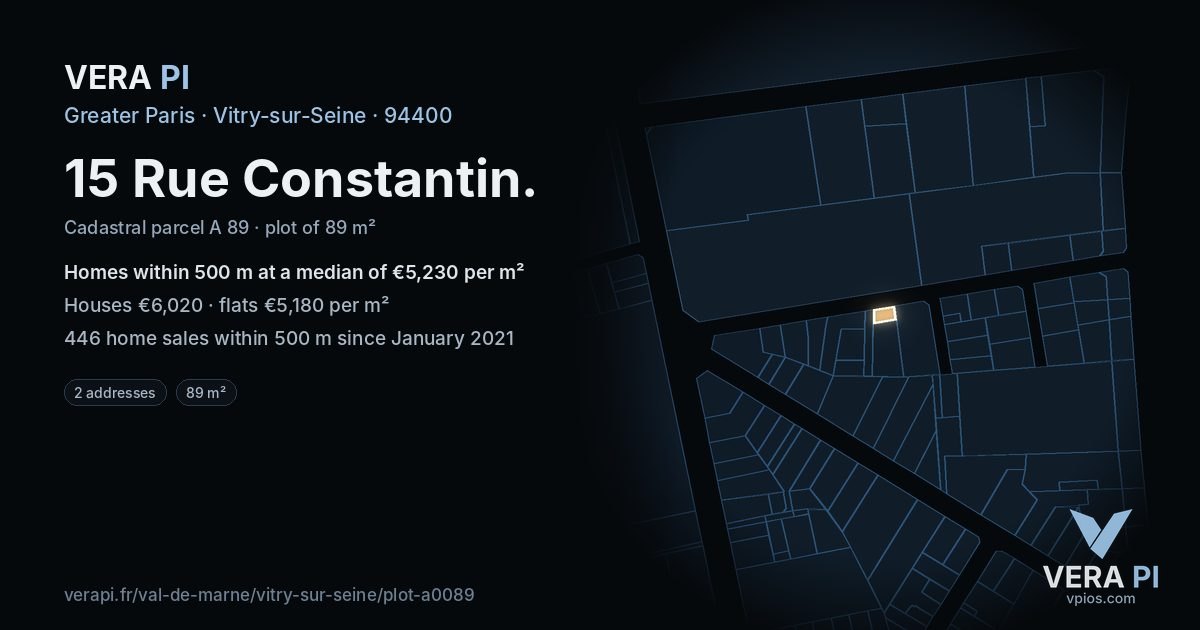 15 Rue Constantin, Vitry-sur-Seine at night – the plot lit, the parcels around coloured by the prices near them