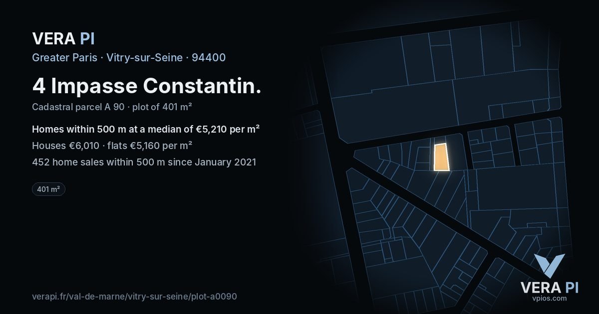 4 Impasse Constantin, Vitry-sur-Seine at night – the plot lit, the parcels around coloured by the prices near them