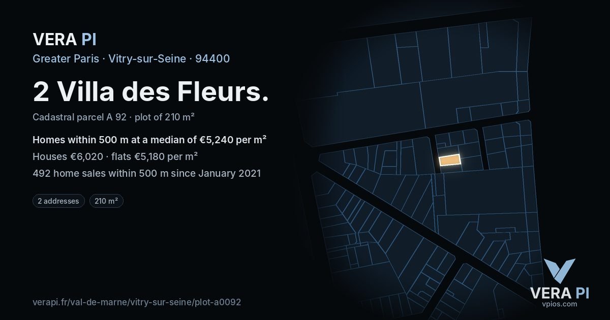 2 Villa des Fleurs, Vitry-sur-Seine at night – the plot lit, the parcels around coloured by the prices near them