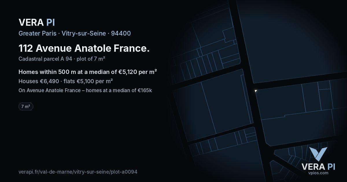 112 Avenue Anatole France, Vitry-sur-Seine at night – the plot lit, the parcels around coloured by the prices near them