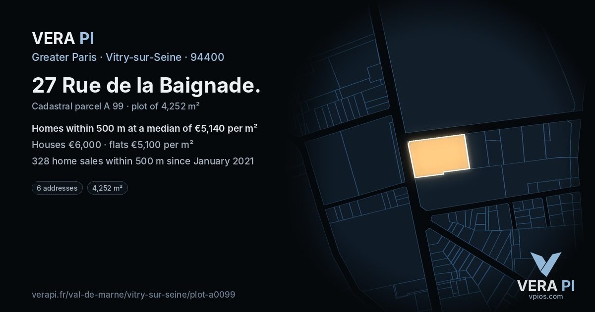 27 Rue de la Baignade, Vitry-sur-Seine at night – the plot lit, the parcels around coloured by the prices near them