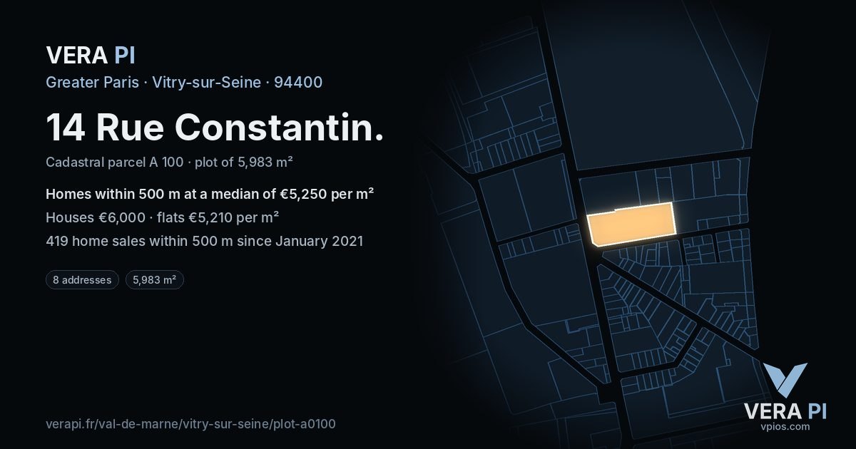 14 Rue Constantin, Vitry-sur-Seine at night – the plot lit, the parcels around coloured by the prices near them