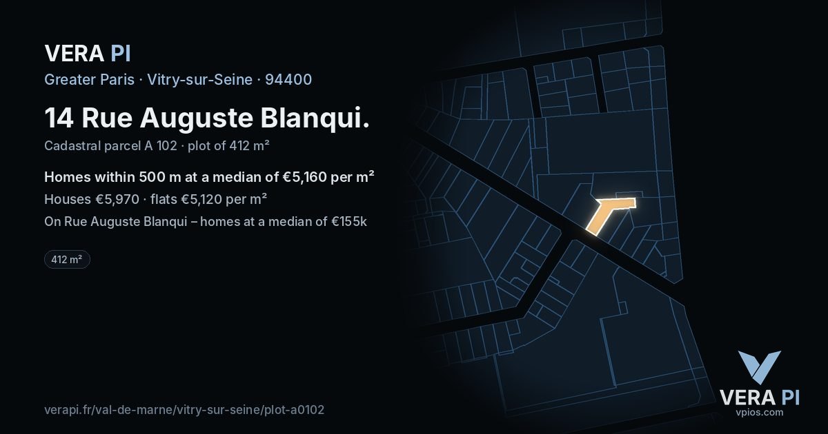 14 Rue Auguste Blanqui, Vitry-sur-Seine at night – the plot lit, the parcels around coloured by the prices near them