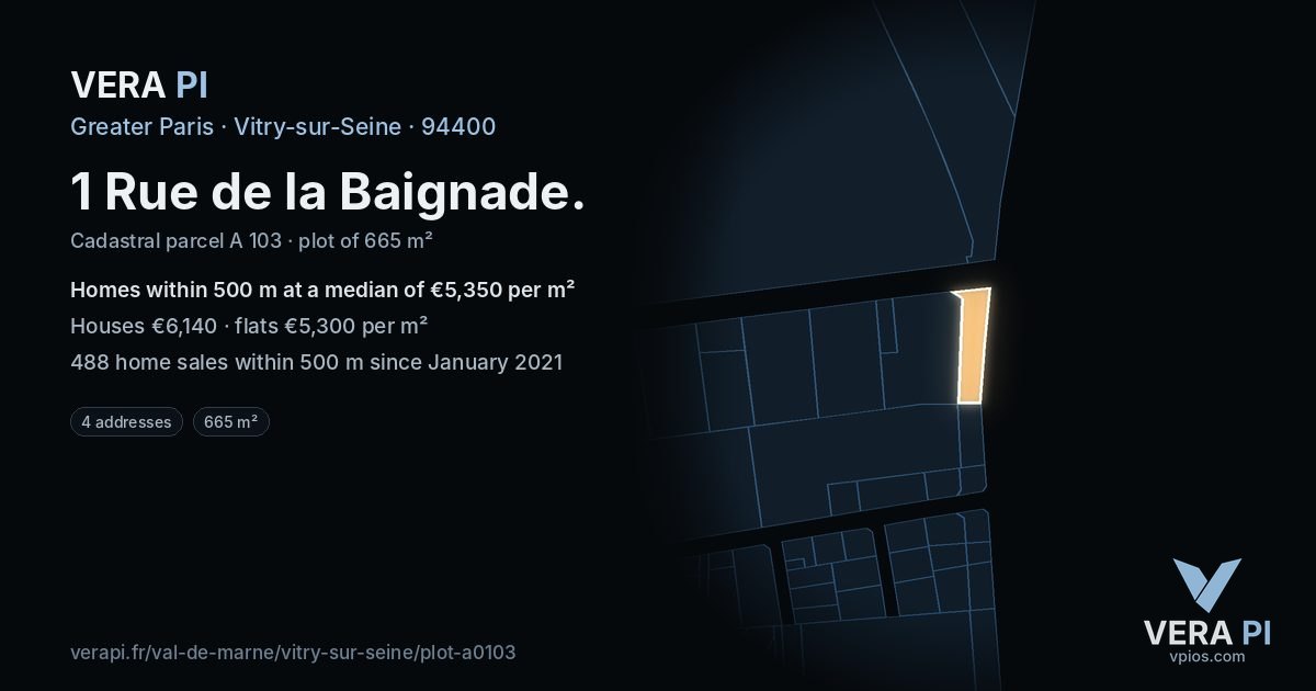1 Rue de la Baignade, Vitry-sur-Seine at night – the plot lit, the parcels around coloured by the prices near them