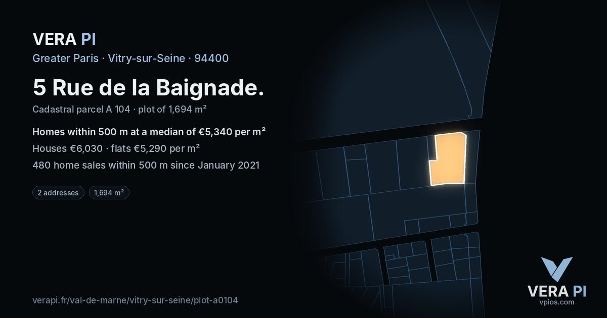 5 Rue de la Baignade, Vitry-sur-Seine at night – the plot lit, the parcels around coloured by the prices near them