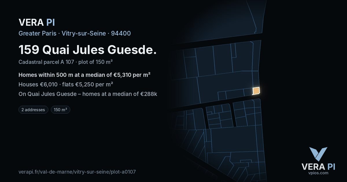 159 Quai Jules Guesde, Vitry-sur-Seine at night – the plot lit, the parcels around coloured by the prices near them