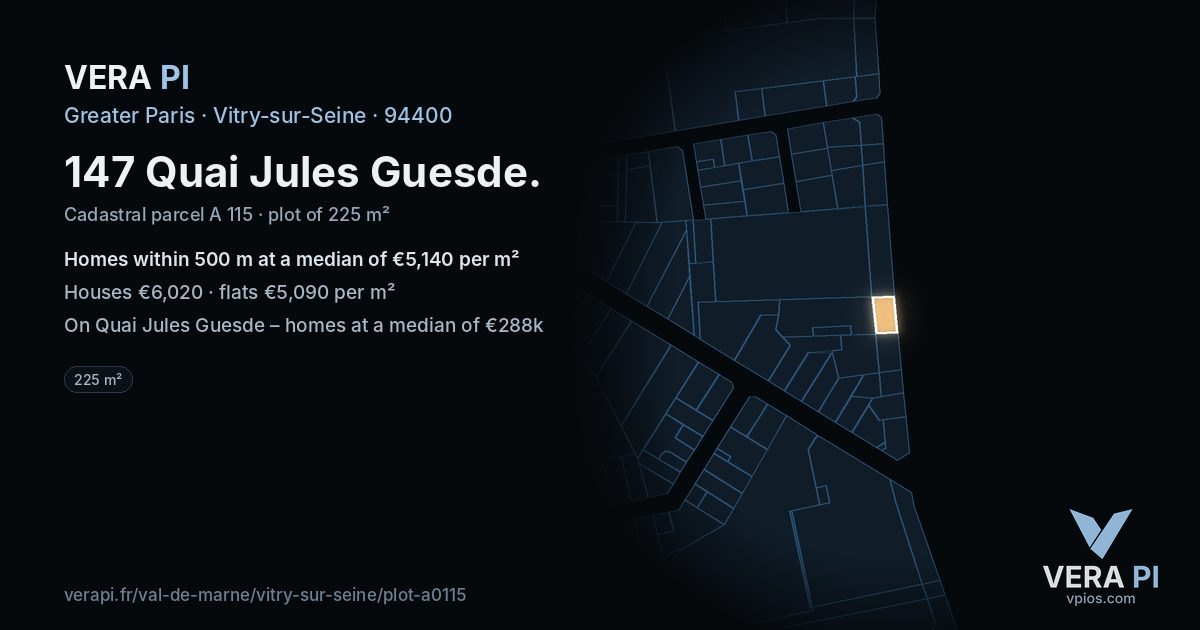 147 Quai Jules Guesde, Vitry-sur-Seine at night – the plot lit, the parcels around coloured by the prices near them