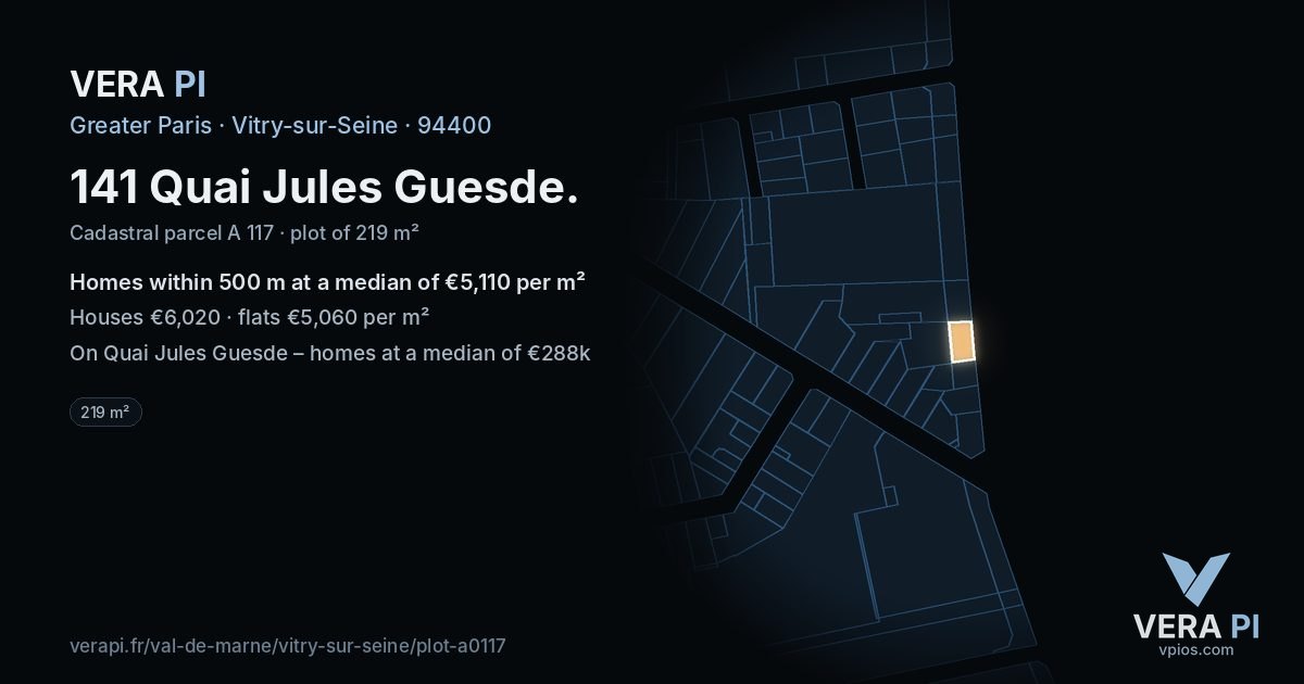141 Quai Jules Guesde, Vitry-sur-Seine at night – the plot lit, the parcels around coloured by the prices near them