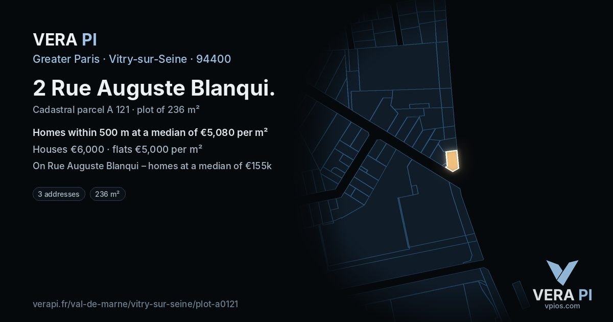 2 Rue Auguste Blanqui, Vitry-sur-Seine at night – the plot lit, the parcels around coloured by the prices near them