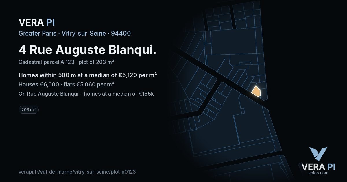 4 Rue Auguste Blanqui, Vitry-sur-Seine at night – the plot lit, the parcels around coloured by the prices near them