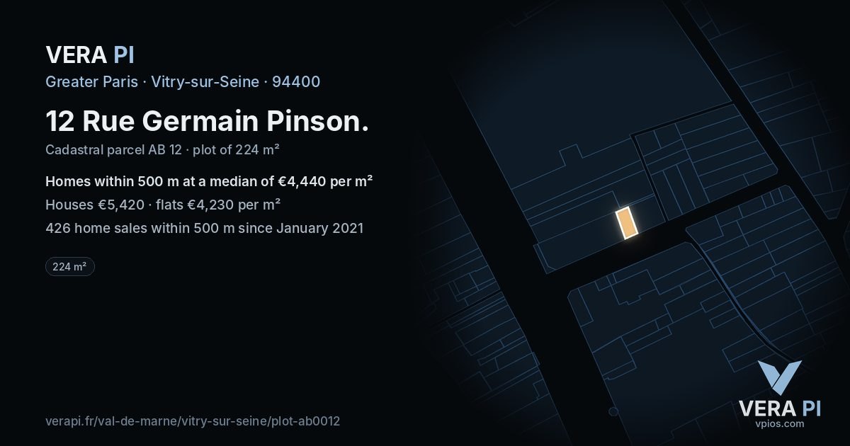 12 Rue Germain Pinson, Vitry-sur-Seine at night – the plot lit, the parcels around coloured by the prices near them