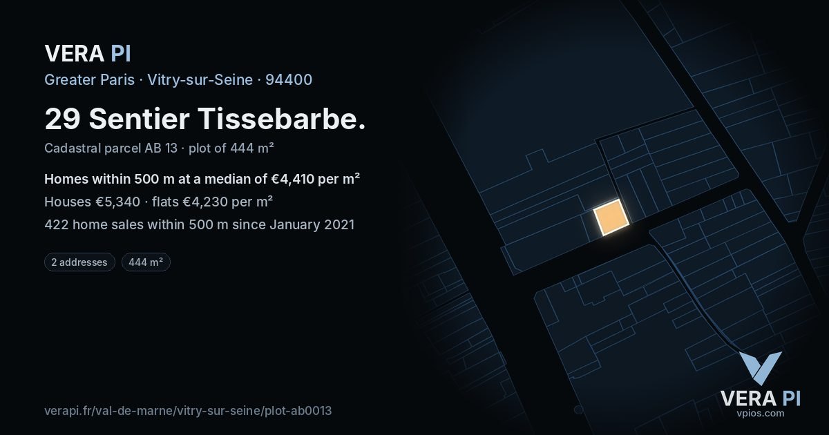 29 Sentier Tissebarbe, Vitry-sur-Seine at night – the plot lit, the parcels around coloured by the prices near them