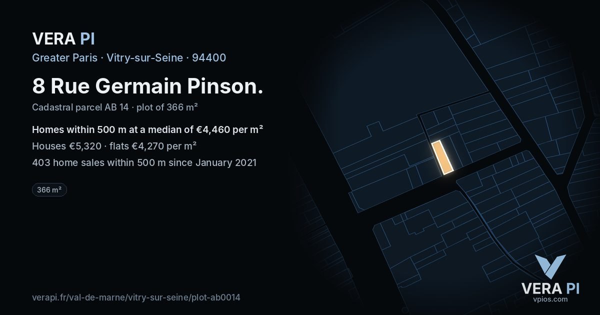 8 Rue Germain Pinson, Vitry-sur-Seine at night – the plot lit, the parcels around coloured by the prices near them