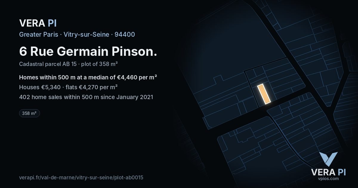 6 Rue Germain Pinson, Vitry-sur-Seine at night – the plot lit, the parcels around coloured by the prices near them