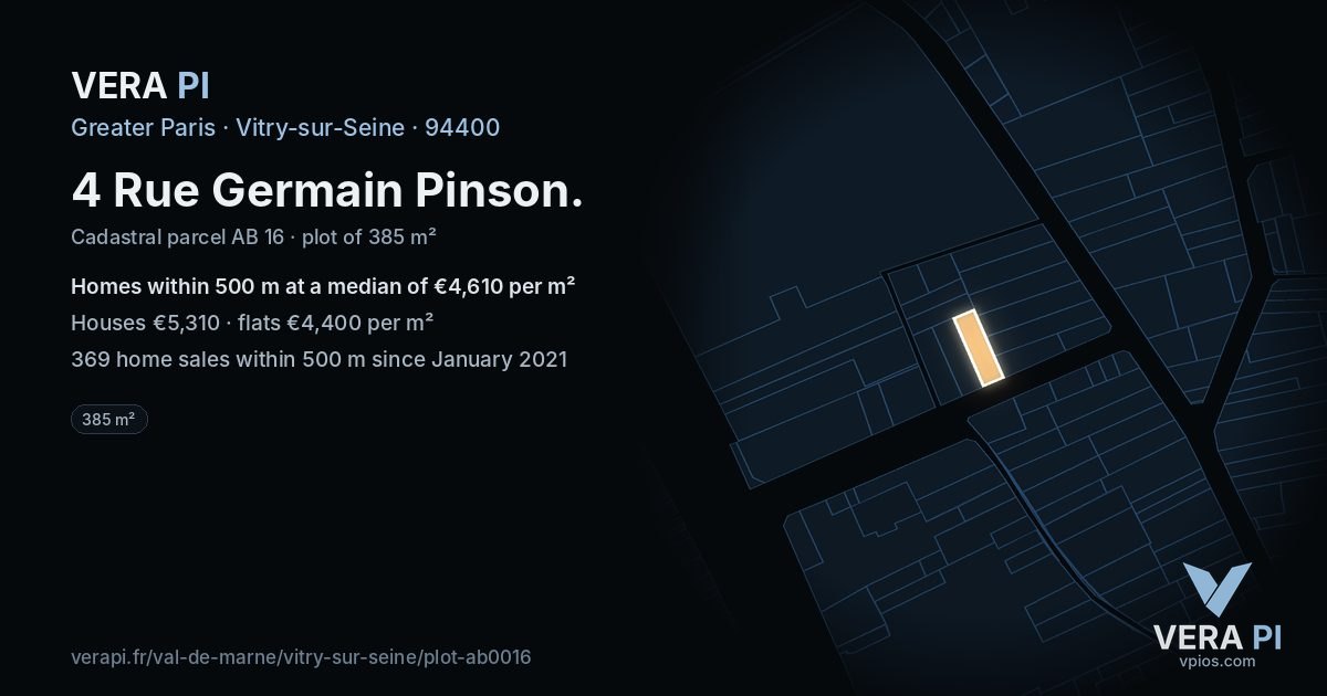 4 Rue Germain Pinson, Vitry-sur-Seine at night – the plot lit, the parcels around coloured by the prices near them